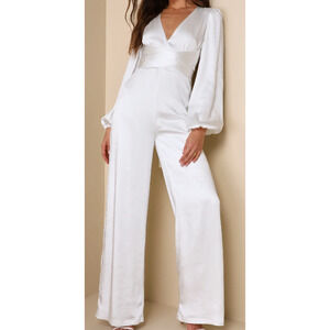 LULU'S S Sensational Evening White Satin Tie-Front Long Sleeve Jumpsuit NEW 0B6